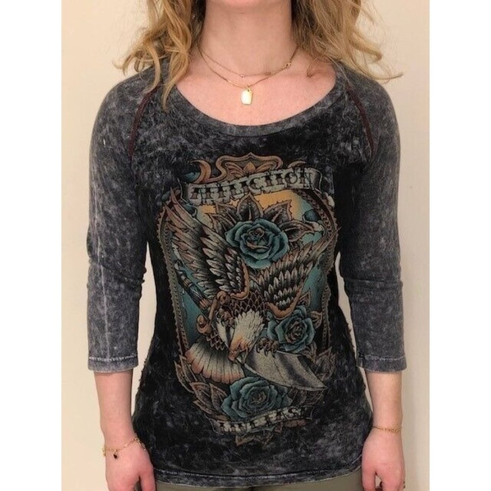 PRE OWNED WOMEN'S VINTAGE AFFLICITION GRAPHIC GREEN LONG SLEEVE T SHIRT SZ SMALL